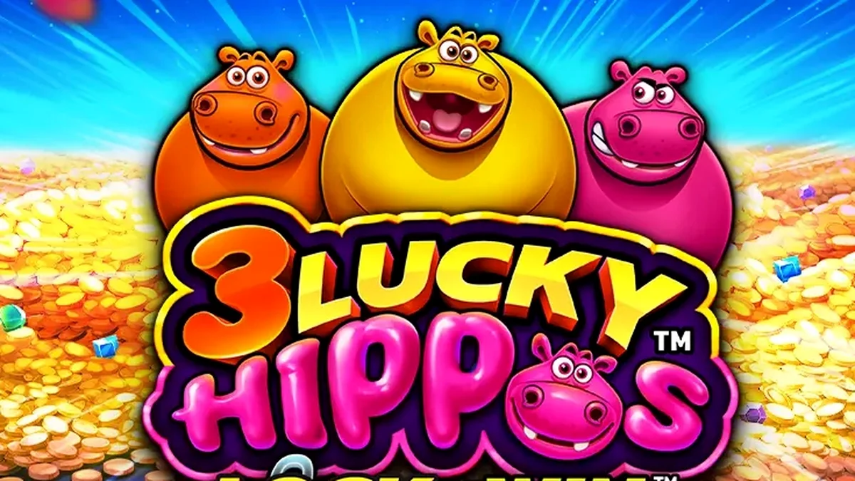 Ang makulay at masayang interface ng 3 Lucky Hippos slot game.