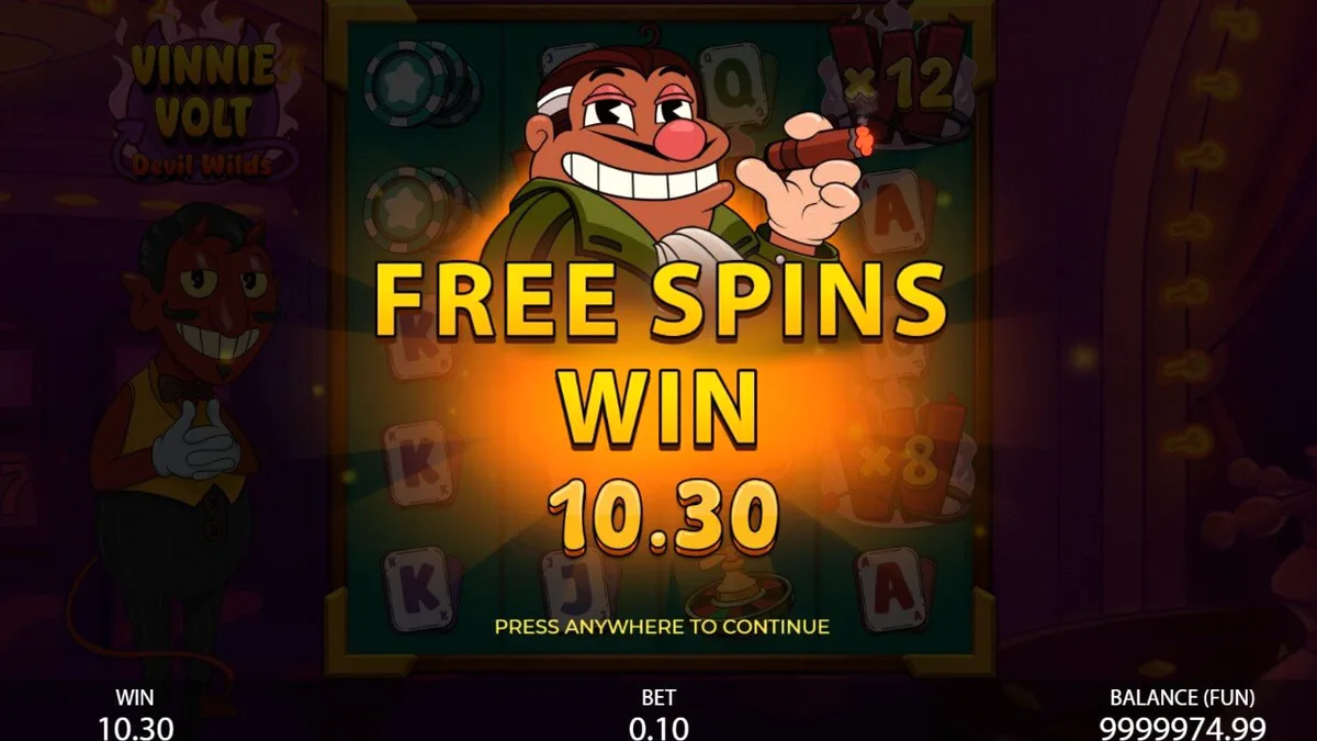 Vinnie Volt: Devil Wilds slot machine interface na may cartoonish na tema